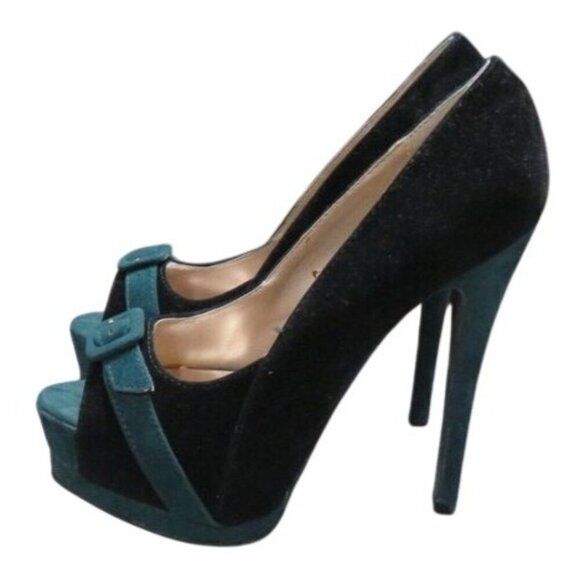 Qupid Retro Black & Green Suede Leather Peep Toe Platform Heels with buckles - Picture 1 of 15